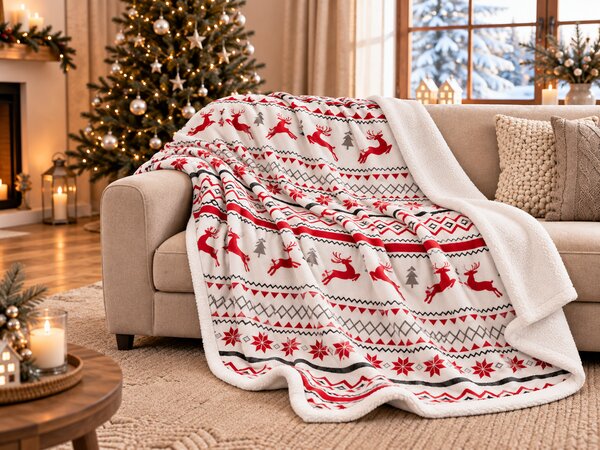 Świąteczny biały koc z mikropluszu z barankiem RETRO CHRISTMAS Rozmiar: 200 x 220 cm