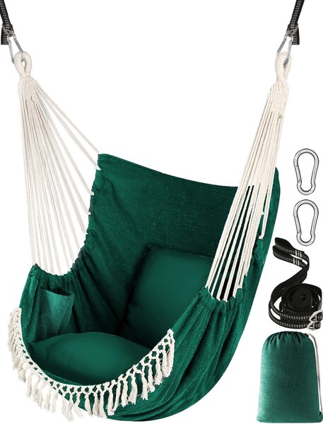 Hanging chair z dwoma poduszkami siedziskowymi, wykonany z bawełny, w zestawie z elementami do zawieszenia, przeznaczony do użytku w pomieszczeniach