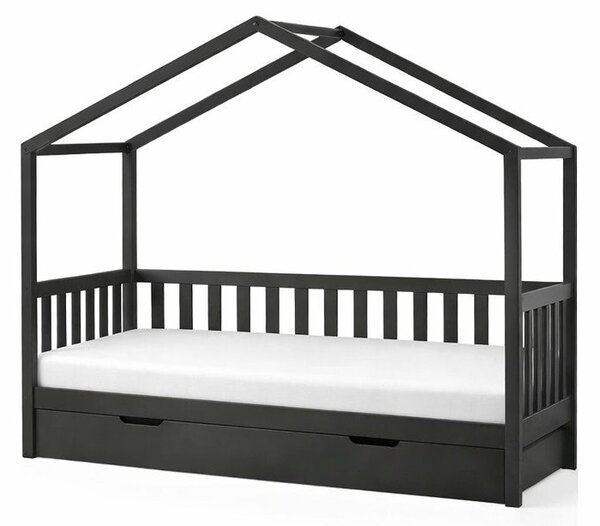 Antracytowe łóżko dziecięce z litego drewna sosnowego w kształcie domku z wysuwanym łóżkiem ze schowkiem 90x200 cm DALLAS – Vipack