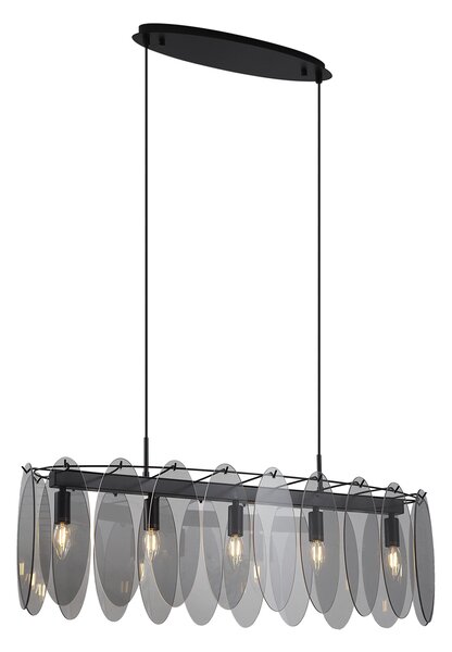 Designerska lampa wisząca czarna z dymionym szkłem owalna 5-punktowa - Mochan