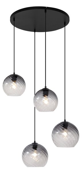 Lampa wisząca Art Deco czarna z okrągłym przydymionym szkłem 4-źródła światła - Bao