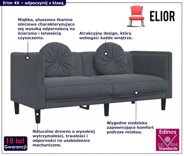 Ciemnoszara aksamitna sofa 2-osobowa z poduszkami E4-A56