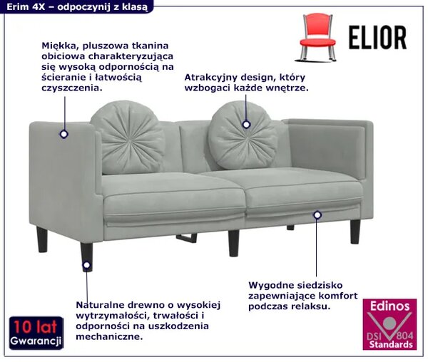 Jasnoszara aksamitna sofa 2-osobowa z poduszkami B8-F91