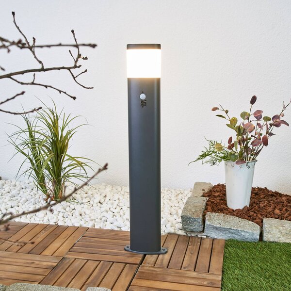 Lindby Słupek oświetleniowy LED Obri, 80 cm, antracyt, czujnik Obri, czarny, stal szlachetna, nowoczesny