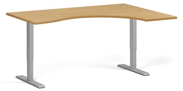 Ergonomiczne biurko z regulacją wysokości, 160x120 cm, 1 silnik, L/P, szara podstawa, buk