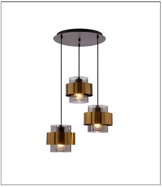 Elegancka lampa wisząca z trzema kloszami w mosiężnych okręgach - V102 K1-E70