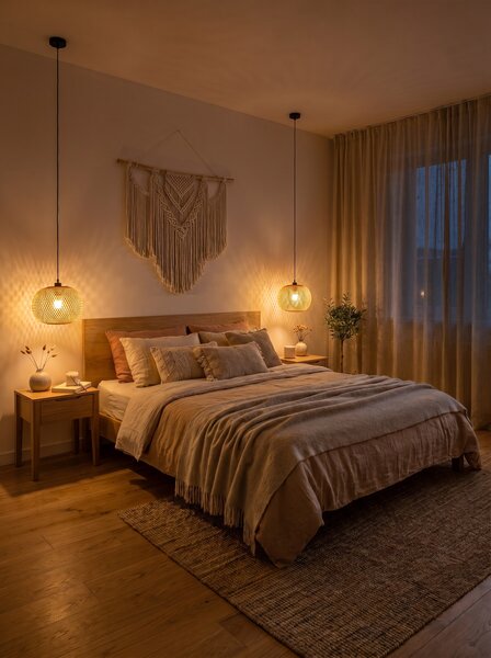 SUFITOWA LAMPA WISZĄCA BAMBUSOWA BOHO PLECIONY ŻYRANDOL DO SYPIALNI I SALONU 30 CM