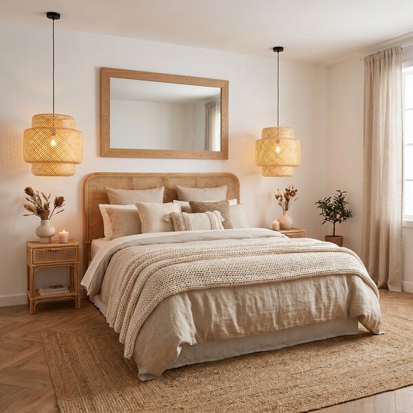 LAMPA WISZĄCA NATURALNA BAMBUSOWA ŻYRANDOL DO SALONU I SYPIALNI W STYLU BOHO 40 CM