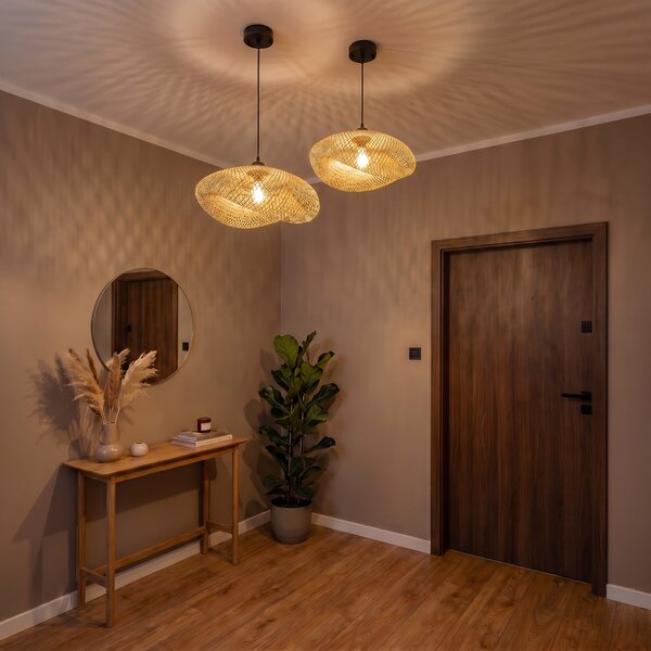 ŻYRANDOL PLECIONY BAMBUSOWY BOHO DUŻA LAMPA WISZĄCA DO SALONU I JADALNI 50 CM