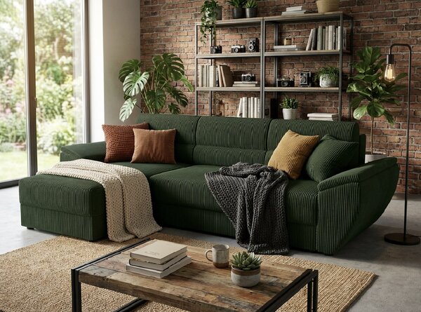 Rozkładana narożna sofa TAVERO 251x140 cm, ciemnozielona, uniwersalna