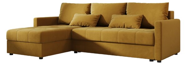 Rozkładana narożna sofa VENORIA 220x143 cm, musztardowa, uniwersalna + 2 poduszki GRATIS