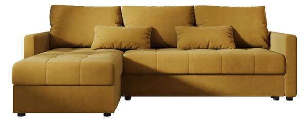 Rozkładana narożna sofa VENORIA 220x143 cm, musztardowa, uniwersalna + 2 poduszki GRATIS
