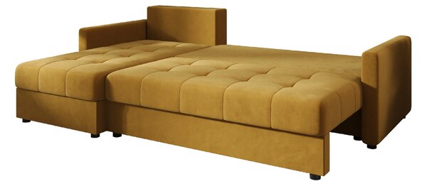 Rozkładana narożna sofa VENORIA 220x143 cm, musztardowa, uniwersalna + 2 poduszki GRATIS