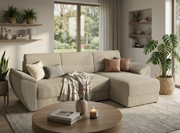Rozkładana narożna sofa TAVERO 251x140 cm, jasnobeżowa, uniwersalna
