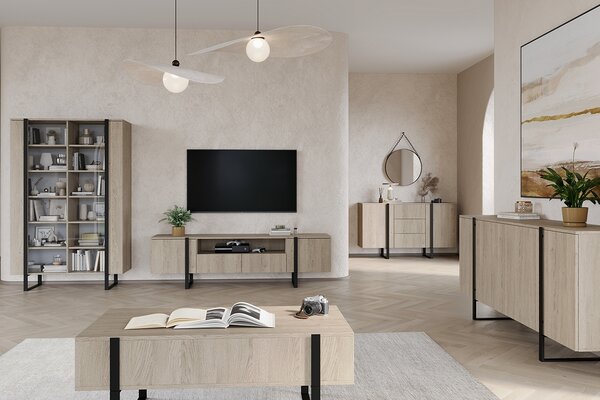 Komoda Verica 200 cm czterodrzwiowa - dąb biszkoptowy / czarne nóżki