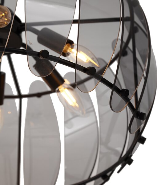 Designerska lampa wisząca czarna z okrągłym przydymionym szkłem, 6-punktowa - Mochan
