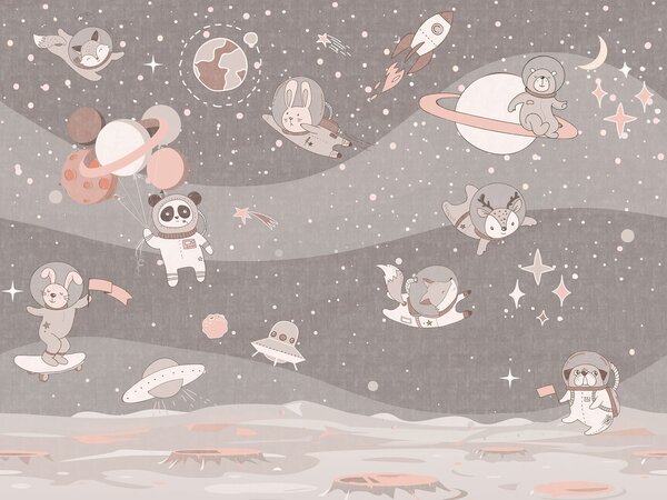 Fototapeta Kreskówkowa scena kosmiczna z planetami i zwierzętami, Fototapety Kosmos, Popularne Fototapety, u62416v3 - Tapeko.pl