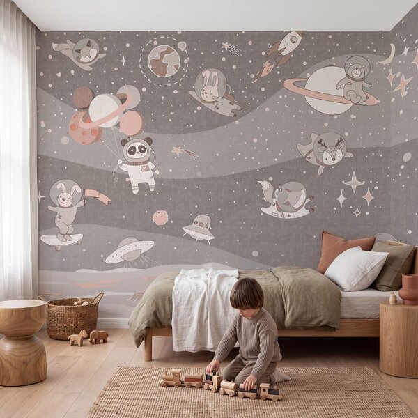Fototapeta Kreskówkowa scena kosmiczna z planetami i zwierzętami, Fototapety Kosmos, Popularne Fototapety, u62416v3 - Tapeko.pl