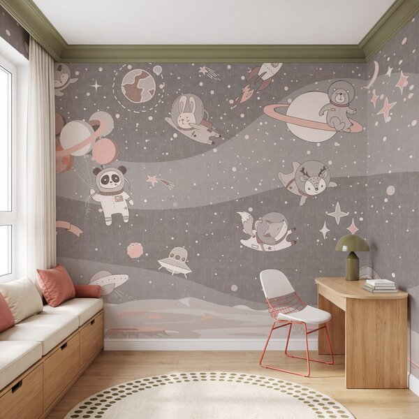 Fototapeta Kreskówkowa scena kosmiczna z planetami i zwierzętami, Fototapety Kosmos, Popularne Fototapety, u62416v3 - Tapeko.pl
