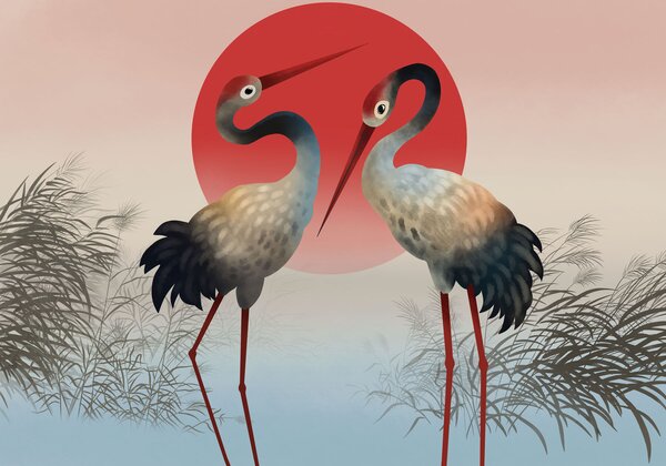 Fototapeta Dwa ptaki stojące przed czerwonym słońcem, Fototapety Natura, Popularne Fototapety, t01009 - Tapeko.pl