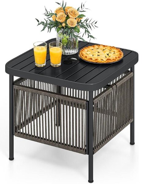 Stolik ogrodowy z rattanu z otworem na parasol, model VX90495DE-GL, wymiary: 56 x 56 x 49 cm, kolor: czarny