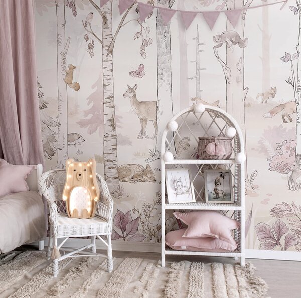 Tapeta HELLO RABBIT - pink - leśny mural ze zwierzętami do pokoju dziewczynki