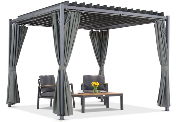 Antracytowa pergola tarasowa Tasos 3x3m z zasłonami Garden Point