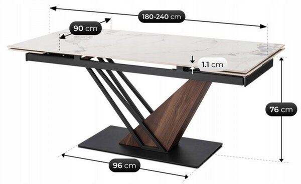 Stół Rozkładany Prostokątny REX 2 180-240 cm Ceramiczny Biały Marmur/Orzech do Jadalni Nowoczesny Loft
