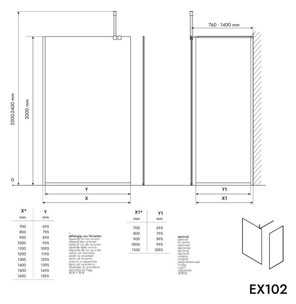 Ścianka prysznicowa Walk-In EX102 - przezroczyste bezpieczne szkło 10 mm - powłoka Nano - różne szerokości