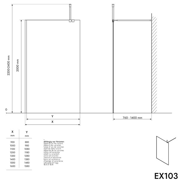 Ścianka prysznicowa Walk-In EX103 - powłoka NANO - szkło bezpieczne 10 mm - różne kolory