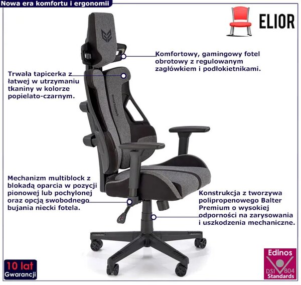 Popielato-czarny fotel gamingowy z regulacją siedziska P6-W62