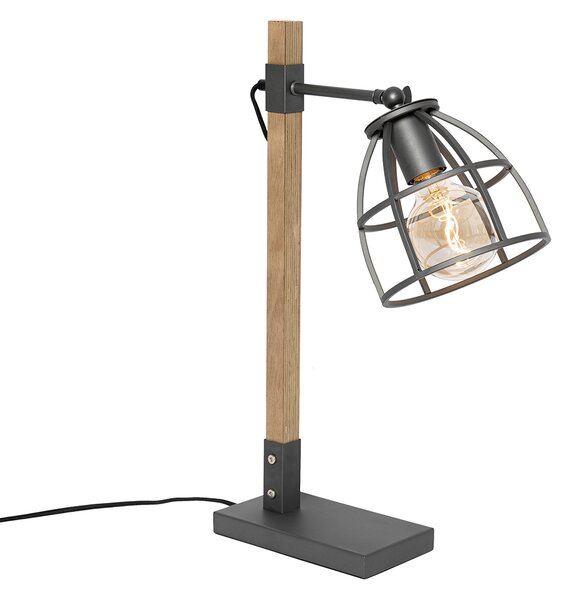 Industrialna lampa stołowa ciemnoszara z drewnem - Arthur Oswietlenie wewnetrzne