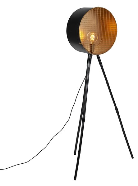 Vintage lampa podłogowa na bambusowym statywie czarnym ze złotem - Beczka Oswietlenie wewnetrzne