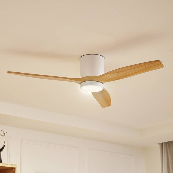 Wentylator sufitowy LED Lucande Faipari, jasne drewno, DC, 132 cm Faipari, biały / opal, salon / jadalnia, drewno, nowoczesny