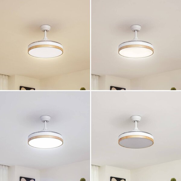 Wentylator sufitowy LED Lindby Oras, biały, DC, cichy, Ø 107 cm Oras, biały / opal, salon / jadalnia, metal, nowoczesny