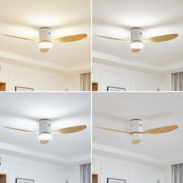 Wentylator sufitowy LED Lucande Kayu, biały/drewniany, DC, 132 cm Kayu, jasne drewno, salon / jadalnia, tworzywo sztuczne, nowoczesny
