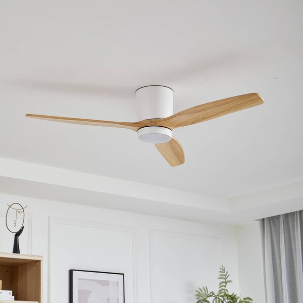 Wentylator sufitowy LED Lucande Faipari, jasne drewno, DC, 132 cm Faipari, biały / opal, salon / jadalnia, drewno, nowoczesny