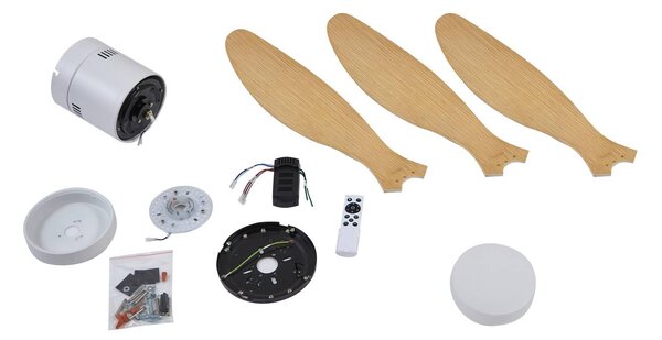 Wentylator sufitowy LED Lucande Kayu, biały/drewniany, DC, 132 cm Kayu, jasne drewno, salon / jadalnia, tworzywo sztuczne, nowoczesny