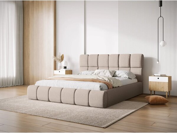 Beżowe tapicerowane łóżko dwuosobowe ze schowkiem ze stelażem 160x200 cm Bellis – Micadoni Home