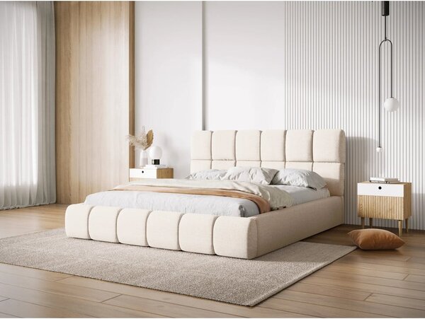 Kremowe tapicerowane łóżko dwuosobowe ze schowkiem ze stelażem 160x200 cm Bellis – Micadoni Home