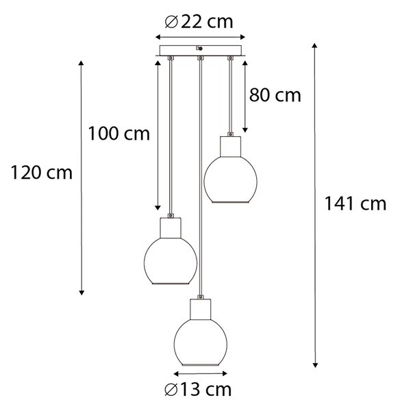 Lampa wisząca art deco czarna z przydymionym szkłem okrągła 3-światłowa - Vidro