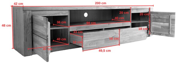 Dębowa ryflowana szafka RTV 200 cm z 2 szufladami Bruno 48