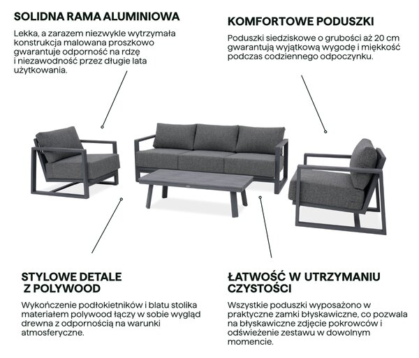Komplet mebli ogrodowych z aluminium EVORA CAFFE Grey - FURRORE
