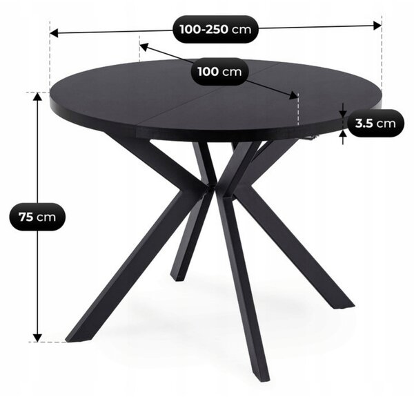 Stół Okrągły Rozkładany LUKAS 100-250 cm Czarny Nowoczesny Loft