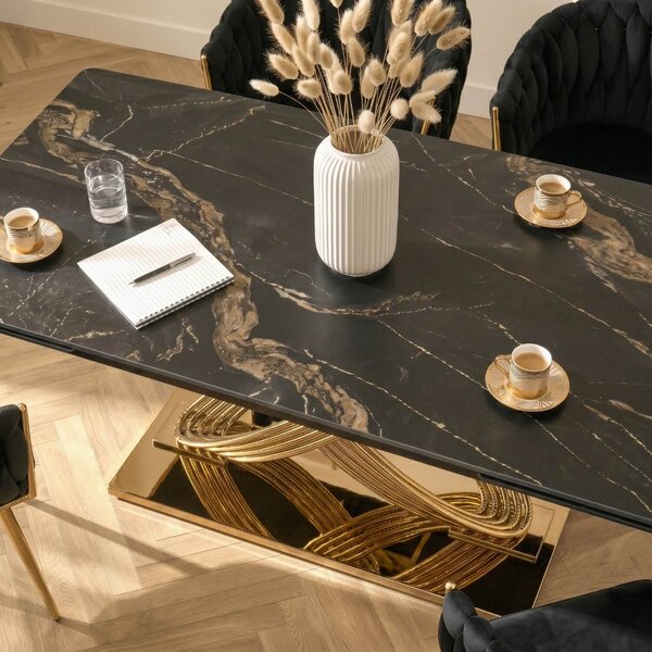 Stół Rozkładany Prostokątny IBIZA 160-240 cm Ceramiczny Czarny Marmur/Złoty do Jadalni Nowoczesny Glamour