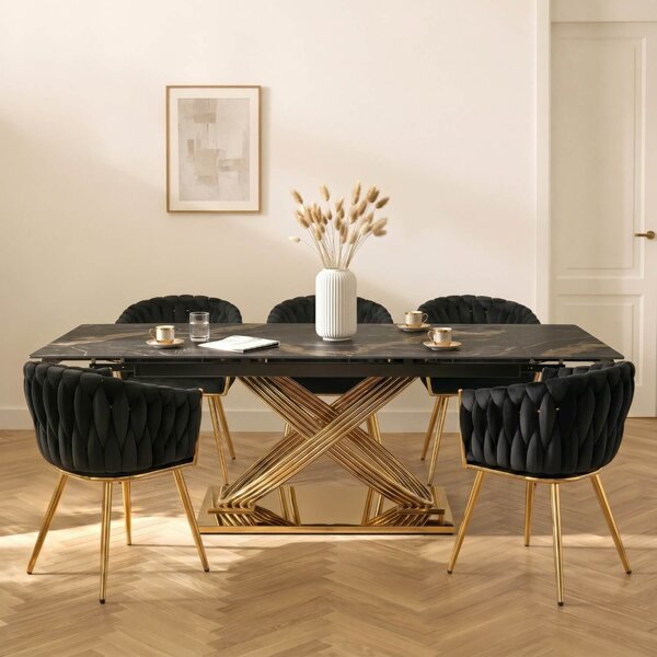 Stół Rozkładany Prostokątny IBIZA 160-240 cm Ceramiczny Czarny Marmur/Złoty do Jadalni Nowoczesny Glamour