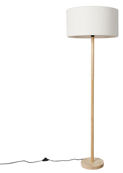 Wiejska drewniana lampa podłogowa z białym abażurem boucle - Mels Oswietlenie wewnetrzne
