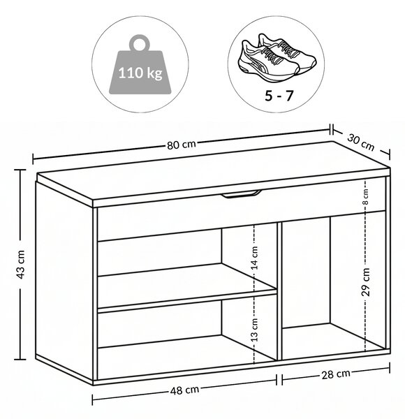 Szafka na buty z siedziskiem TRIA, 80 x 30 x 43 cm