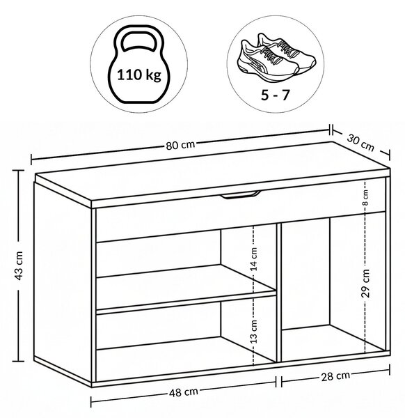 Szafka na buty z siedziskiem TRIA, 80 x 30 x 43 cm