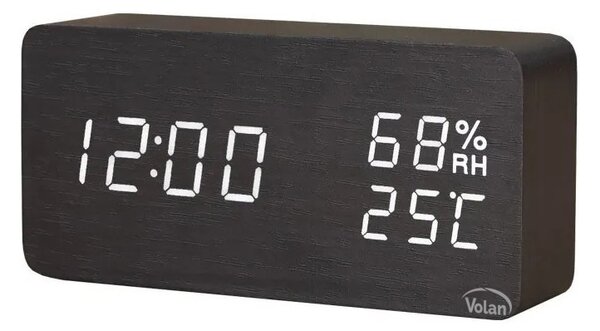 ZEGAR BUDZIK Elektroniczny LED Drewniany Stojący - DATA TERMOMETR HIGROMETR